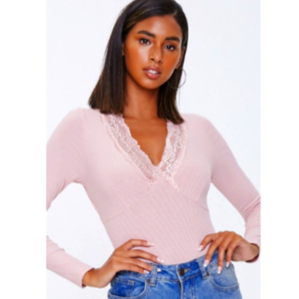 Lace Trimmed Ribbed Bodysuit